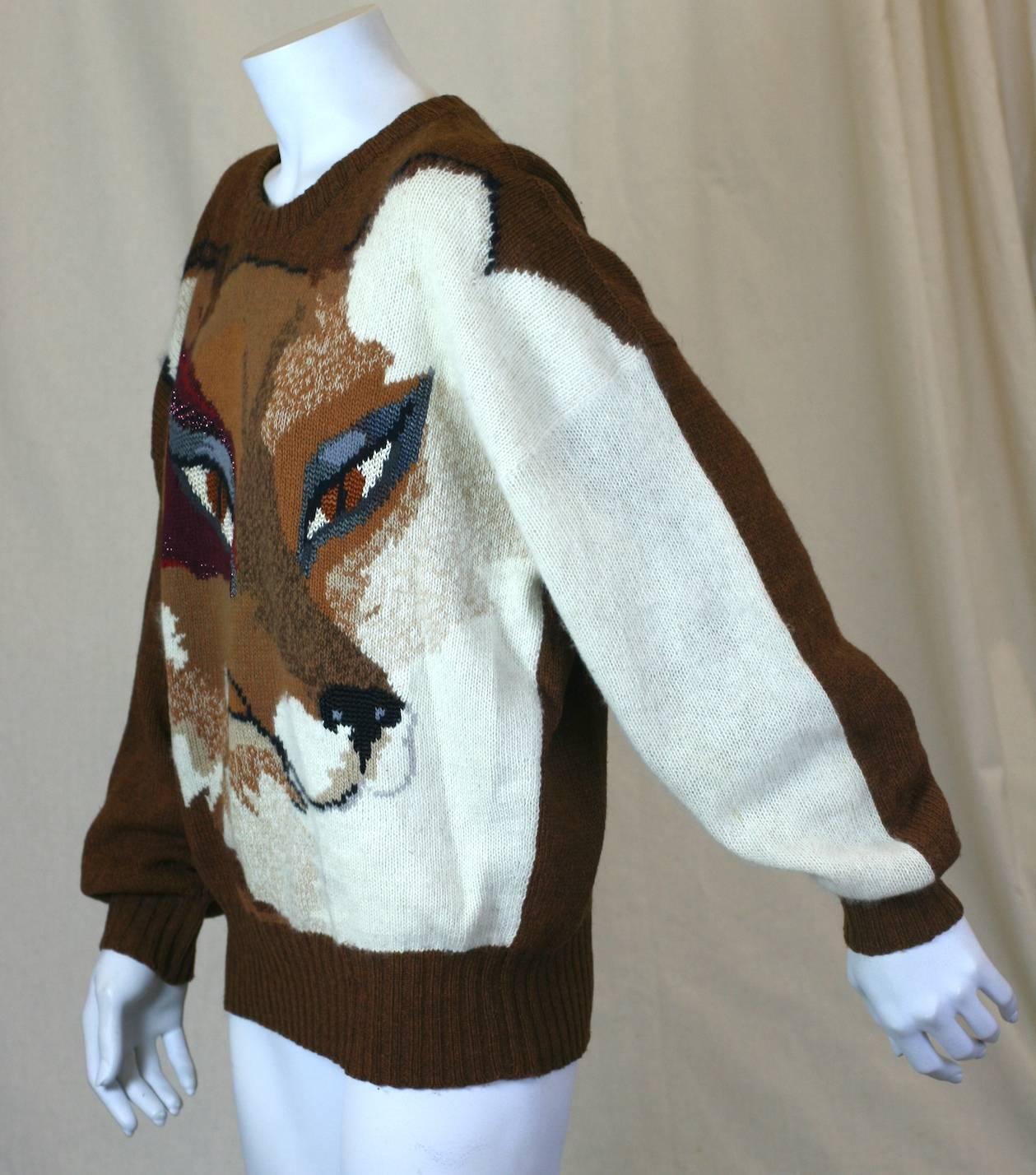 Krizia Wily Fox Sweater from their collectible animal series. Mariuccia Mandelli of Krizia always kept the fashion flock guessing in the 1980's with her thematic, unpredictable figural sweaters. Always charming, beautifully crafted and now,