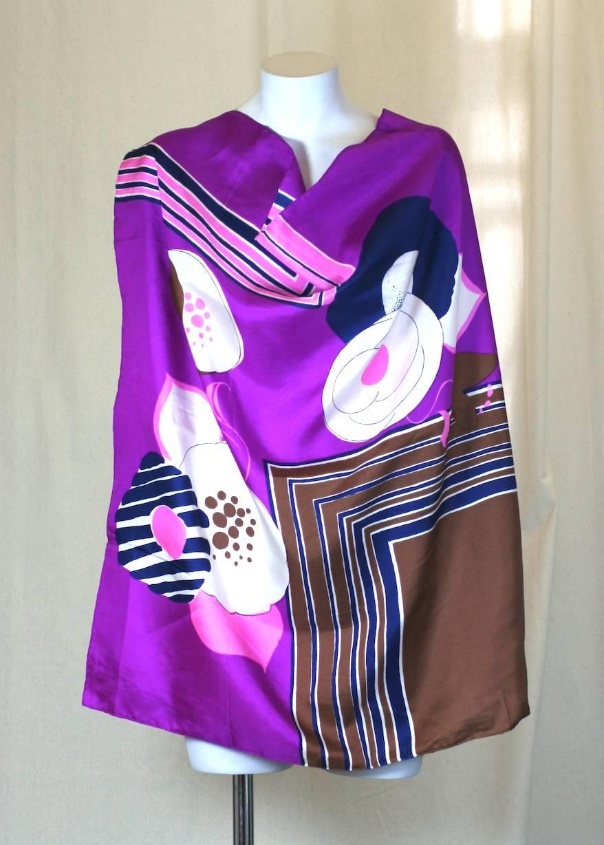 Christian Dior Deco Print Scarf in purples, pinks and brown on silk twill. 1970's France. Excellent condition. 30