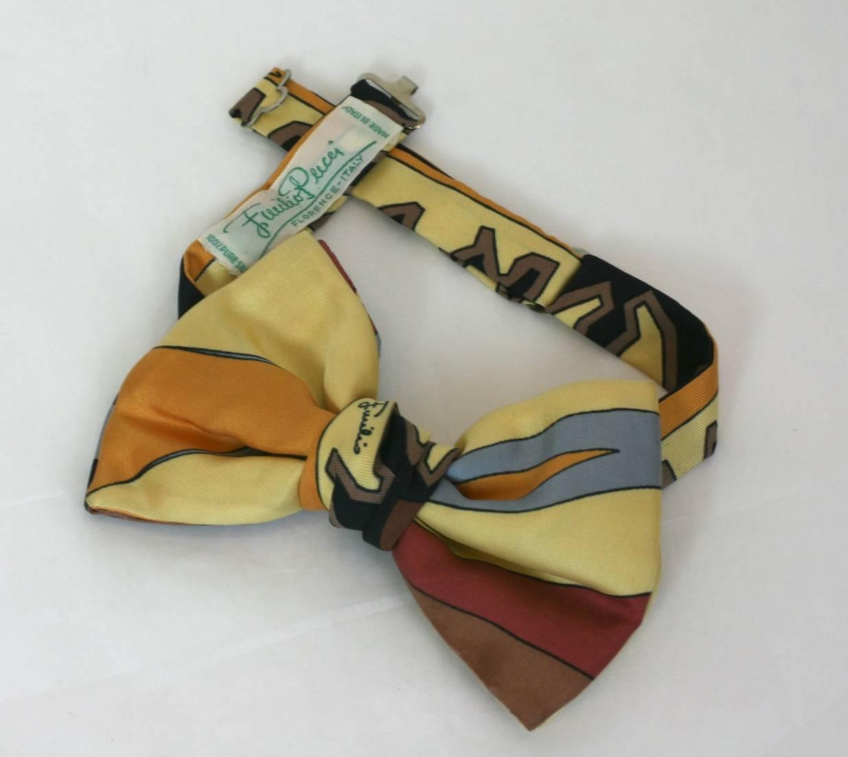 Emilio Pucci Silk Twill Bow tie from the 1970's. Signature Pucci graphics with adjustable neck strap. Suitable for men and women. 1970's Italy. Excellent condition. 5.5