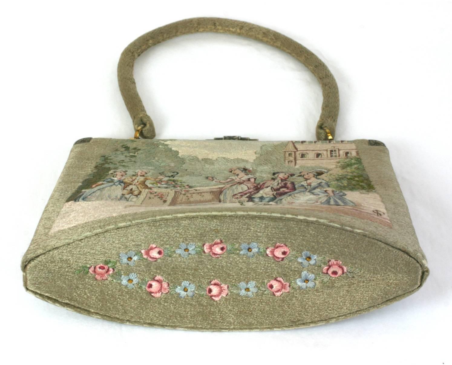 Brown Lavishly Embroidered French Silk Stitch Purse For Sale