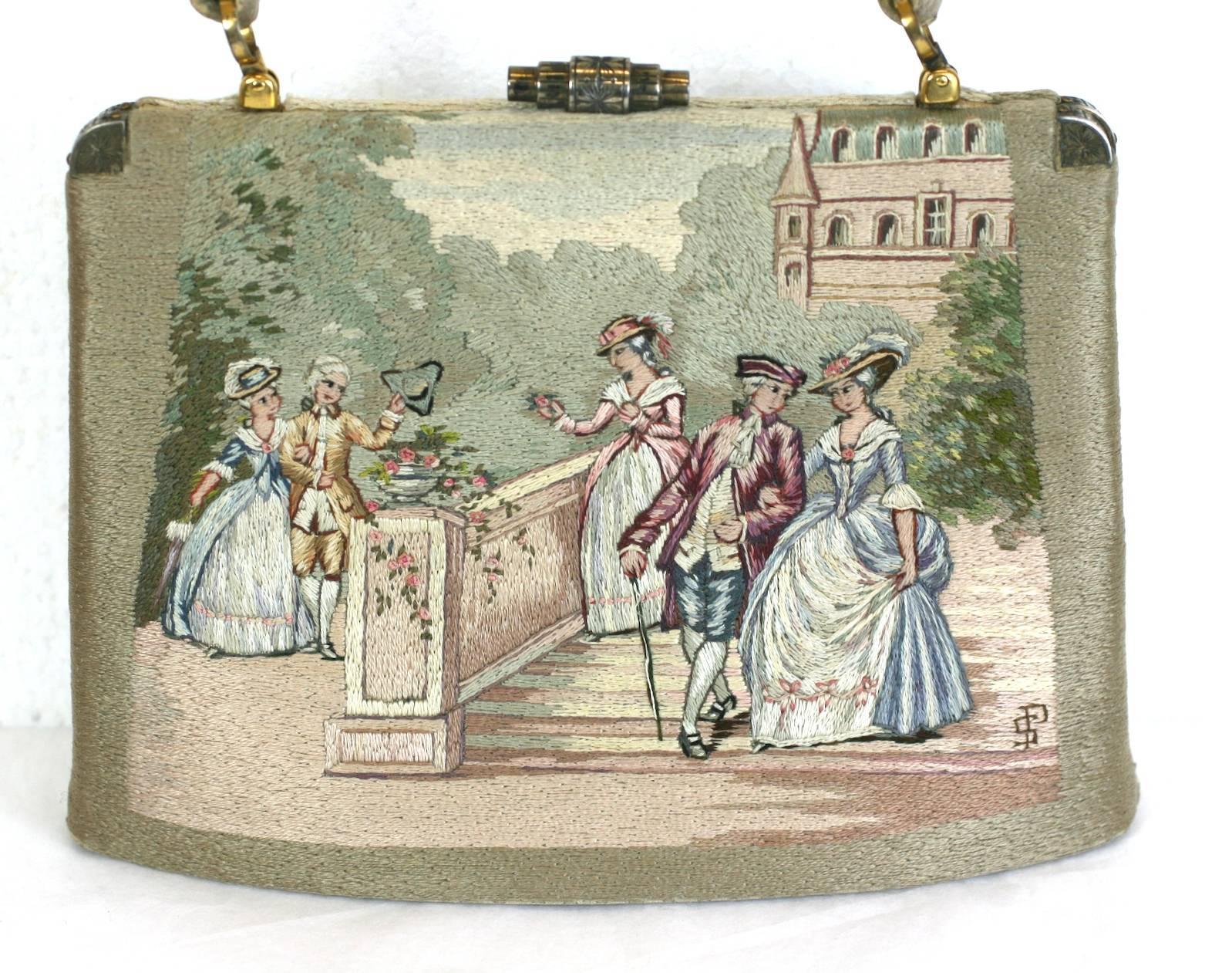 Lovely embroidered french purse with 18th Century scenes. Lavishly silk stitch embroidered and beautifully detailed. Clasp and hilt are gilded sterling with elaborate etch work. Even the handles, base and body of the bag are embroidered in silk