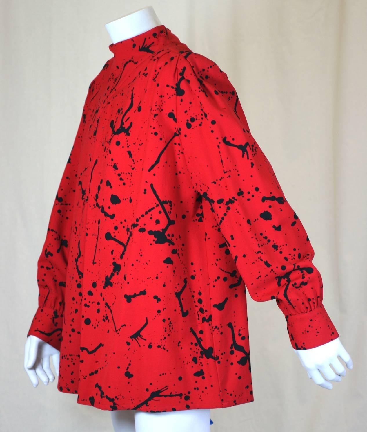 Andre Courreges Splatter Print shirt in lightweight wool twill. Open neck yoke comes to a 