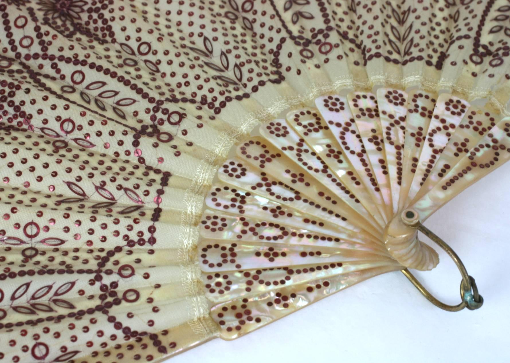 Victorian Rasberry Sequin Fan In Excellent Condition In New York, NY