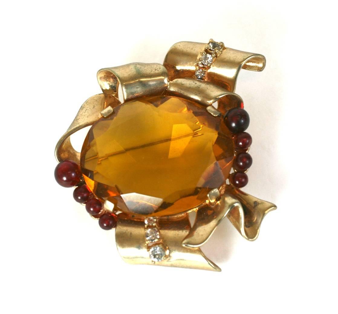 Ciner Faux Citrine and Ruby Retro Sterling Silver Brooch In Excellent Condition For Sale In New York, NY