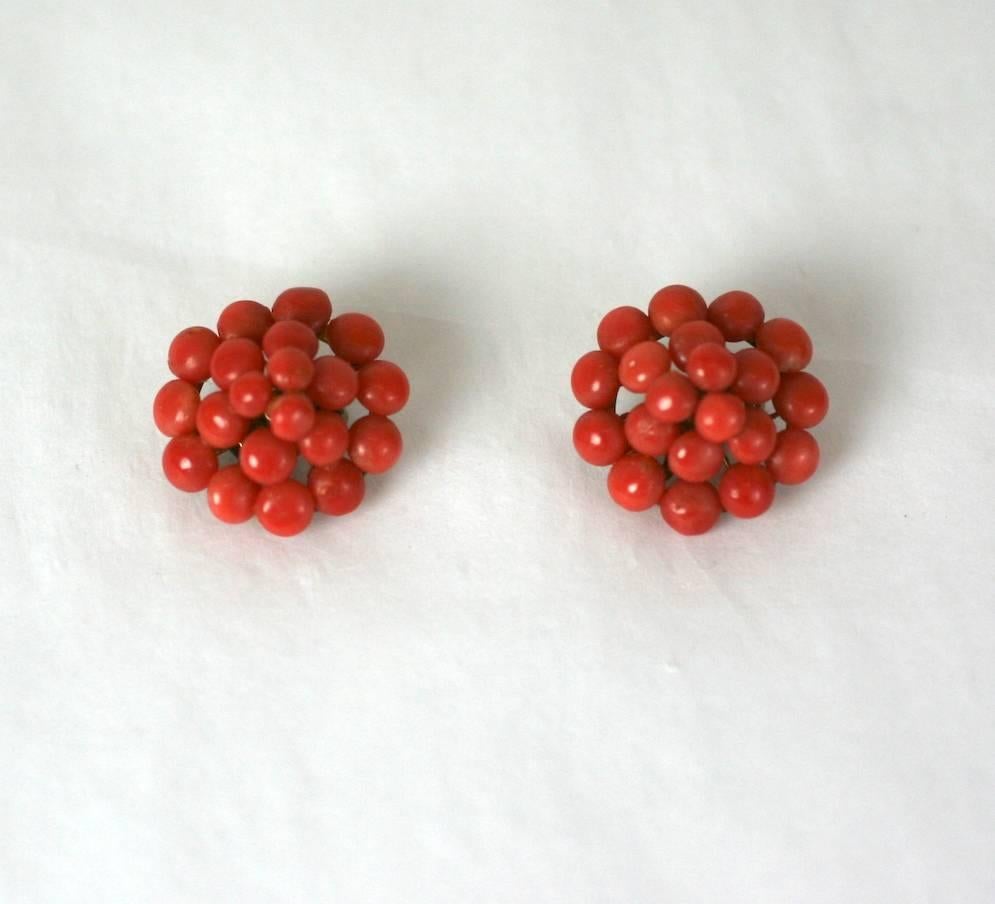 Antique coral earrings from the early 20th Century made from a series of tiered coral buttons. Clip back fittings. Excellent condition  .9