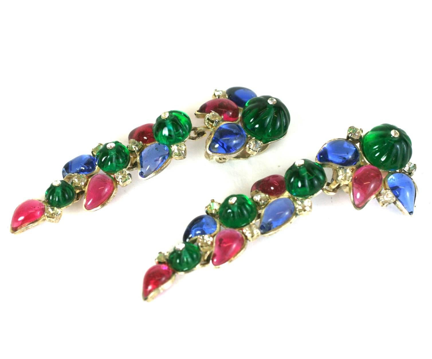 Chanel fully articulated long Fruit Salad Earrings in the Tutti Frutti style popularized by Cartier in the 1930's, made by Maison Gripoix, Paris. Handmade with faux emerald fluted cabochons, poured glass ruby and sapphire leaves and Swarovski
