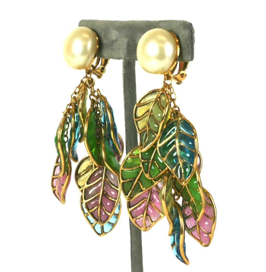 Chanel Pearl and Pastel Pate de Verre Leaf earclips by Maison Gripoix. Faux pearl top with clip back fittings suspend a series of pastel hand poured glass leaves. Beautifully detailed with hand made metal leaves filled with different colored glass.