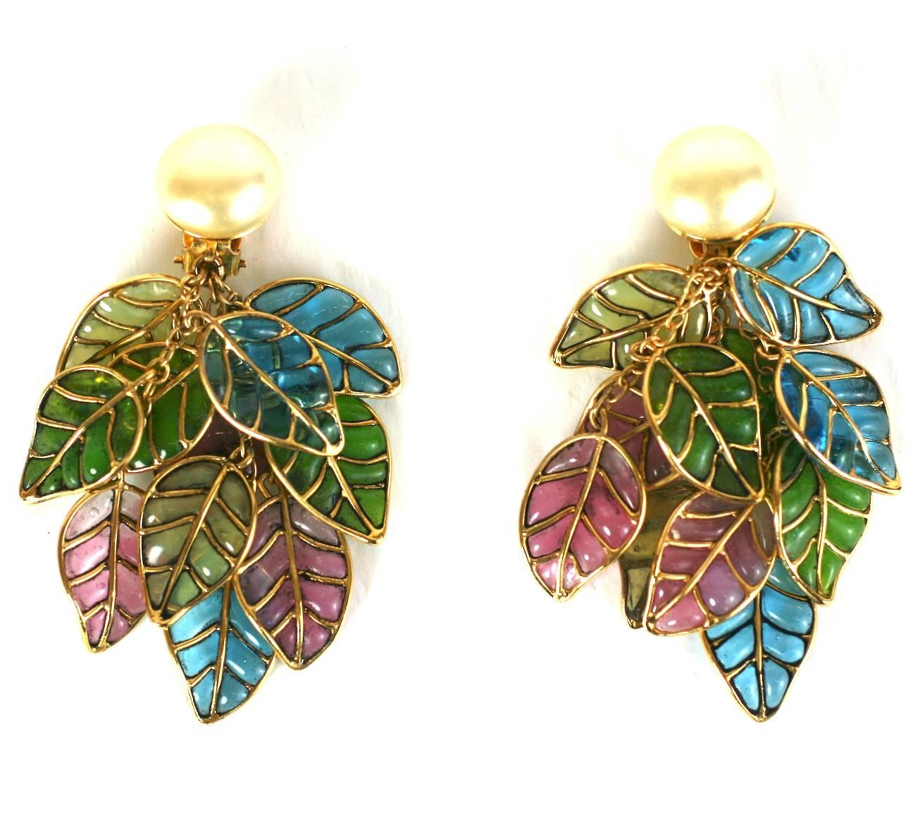 Chanel Pearl and Pastel Pate de Verre Leaf Earclips, Gripoix,  In Excellent Condition In New York, NY