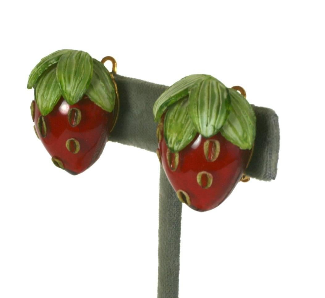 Handmade French Resin Strawberry Earclips from the 1980's. Charming fruit motif, probably made by Fabrice, but, unsigned. 1.25