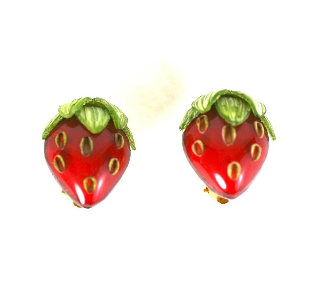 French Resin Strawberry Earclips In Excellent Condition In New York, NY