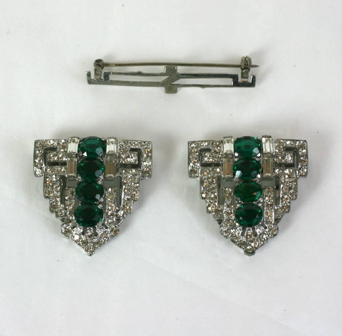 Women's Trifari Art Deco Faux Emerald Clip Mate Brooch