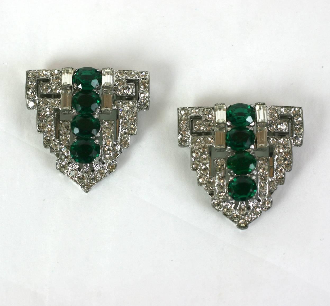 Trifari Art Deco Faux Emerald Clip Mate Brooch In Excellent Condition In New York, NY