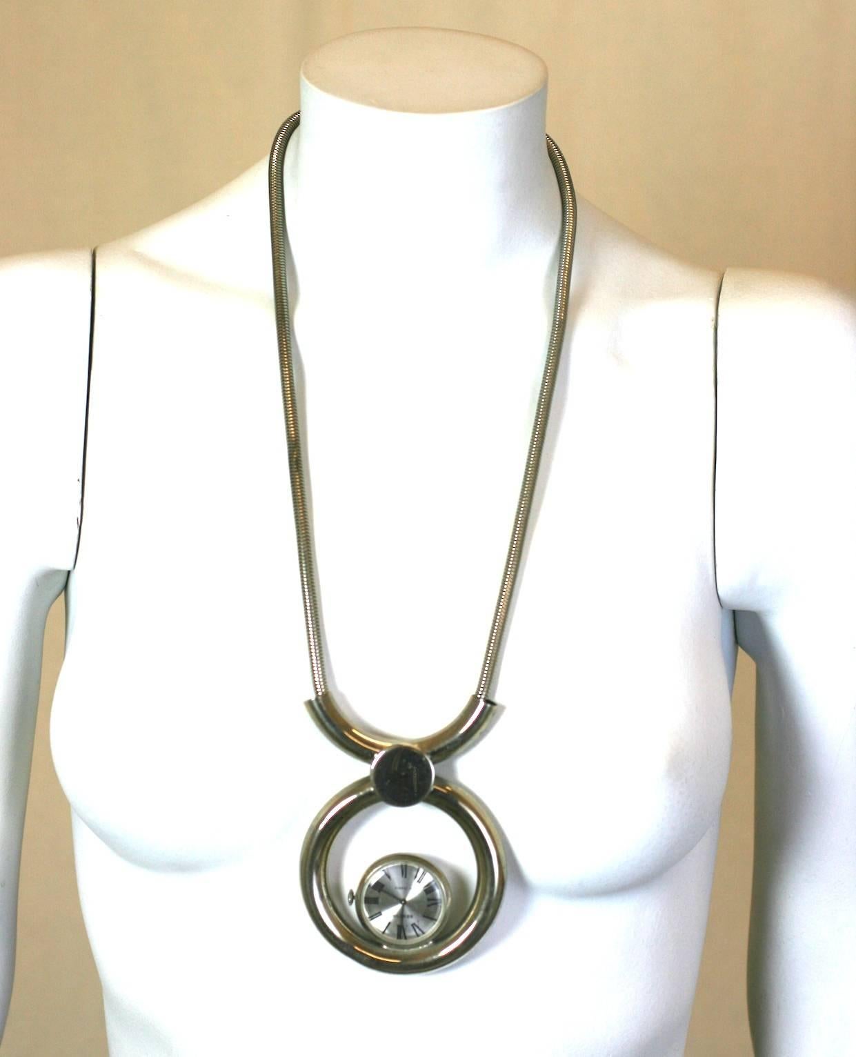 Mod Chrome Swiss Pendant Watch Necklace In Excellent Condition For Sale In New York, NY