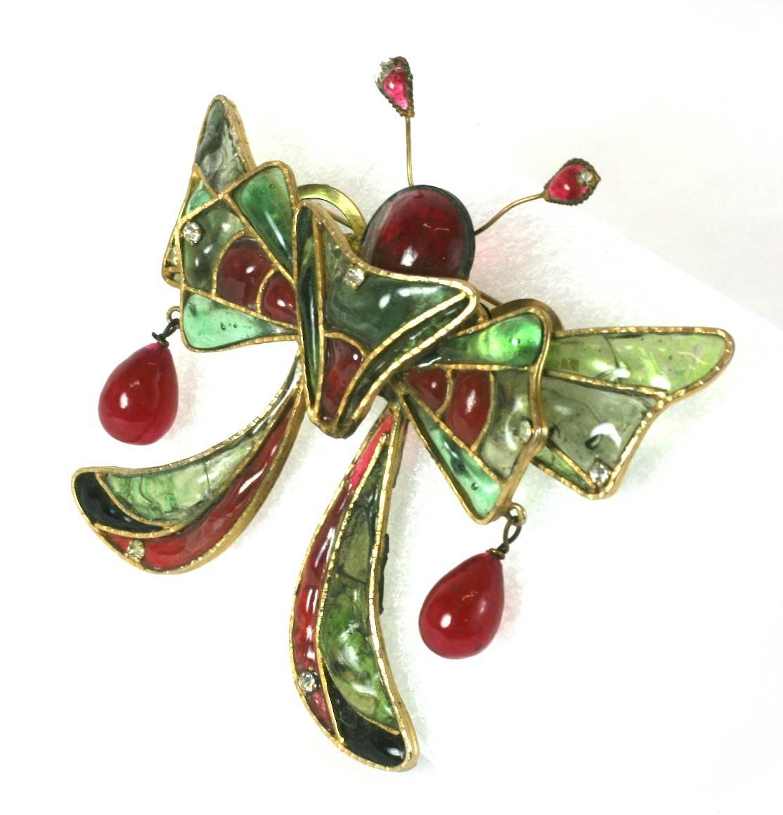 Massive and elaborate Maison Gripoix  large scale Butterfly Brooch, attributed to Jean Patou. Hand made in emerald, ruby and jet pate de verre with crystal paste accents. 
Good Condition, minor losses. 
Length 4.50