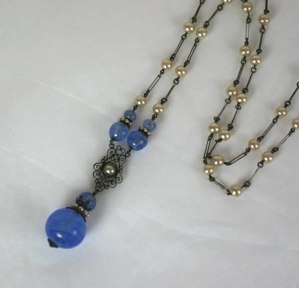 Louis Rousselet handmade opaline blue pate de verre, silver gilt pendant sautoir with faux pearl accents. 1920's France. Excellent Condition
L 30