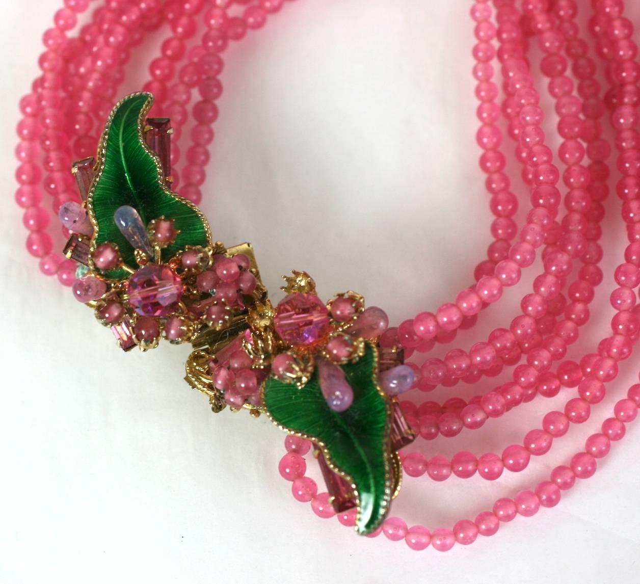 Eugenie Multistrand Pink Necklace with Elaborate Clasp In Excellent Condition For Sale In New York, NY