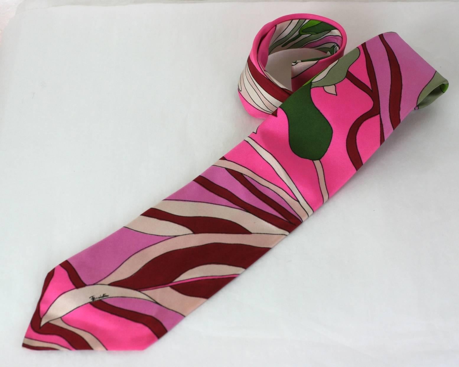 Emilio Pucci signature printed silk twill mens necktie, boldly printed floral motif in shades of fuschia pink, mauves and olive greens. The fabric signed 