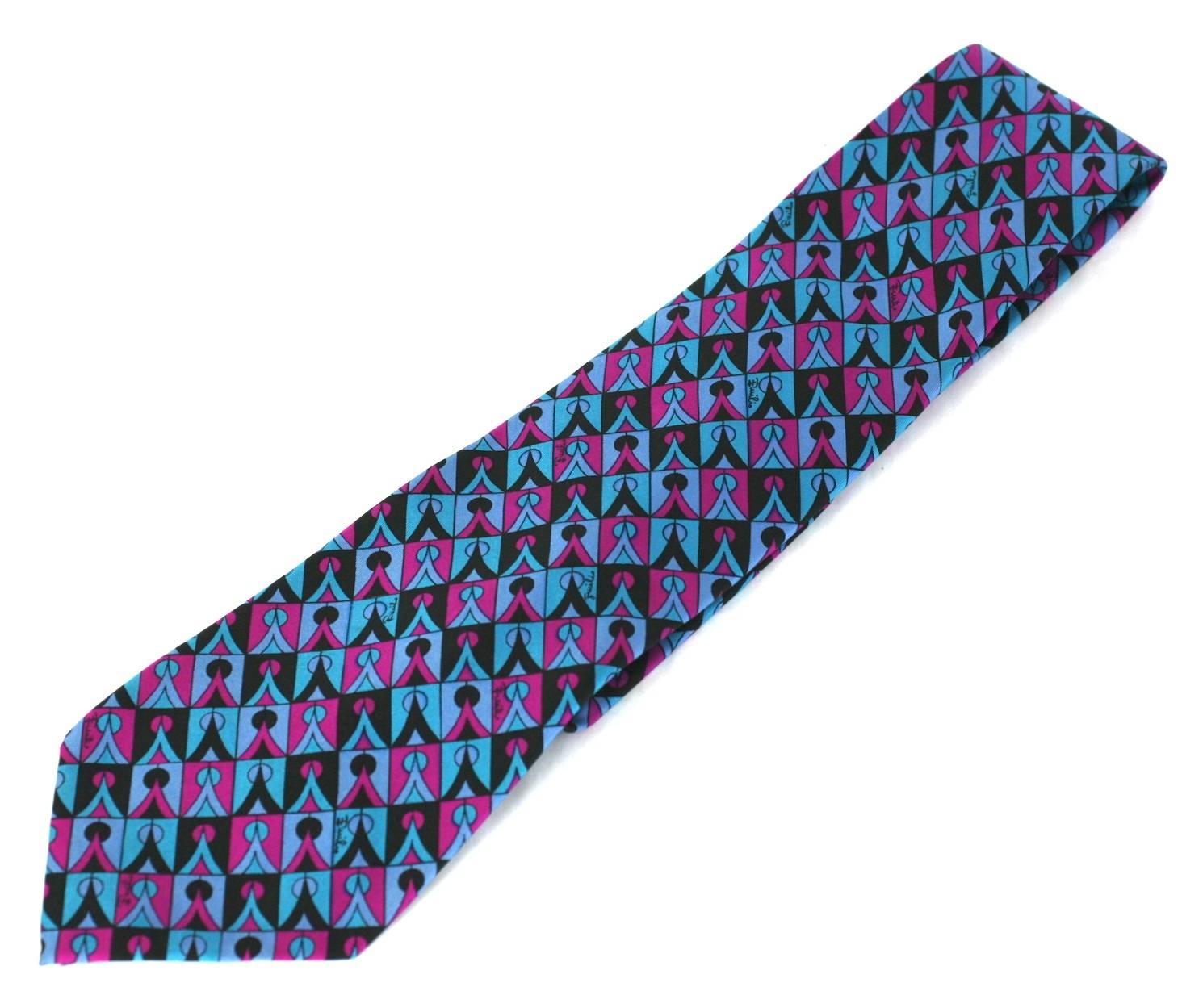 Emilio Pucci signature graphics, printed silk twill men's necktie in classic colors of turquoise, fuschia,and black. 3