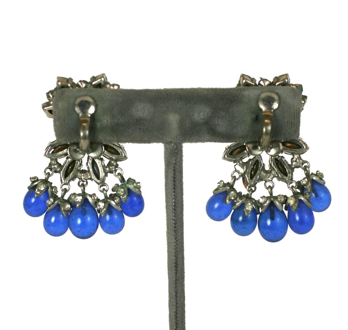Lovely French Paste Earrings with Pate de Verre Sapphire Drops. Marquise and baguette pastes are used with tiny paste set caps on the blue drops. 
France 1930's. 1.75