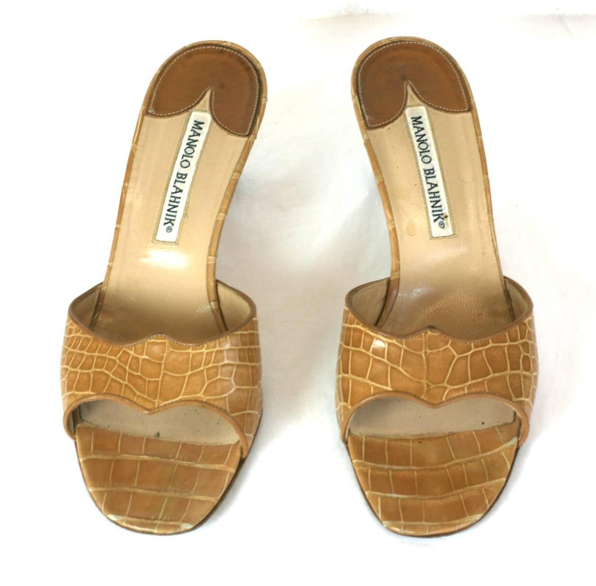 Manolo Blahnik's easy caramel crocodile slide mules with medium stacked heel. 
From the Estate of actress, Ruby Dee. Excellent condition. Size 38. 1990's. .