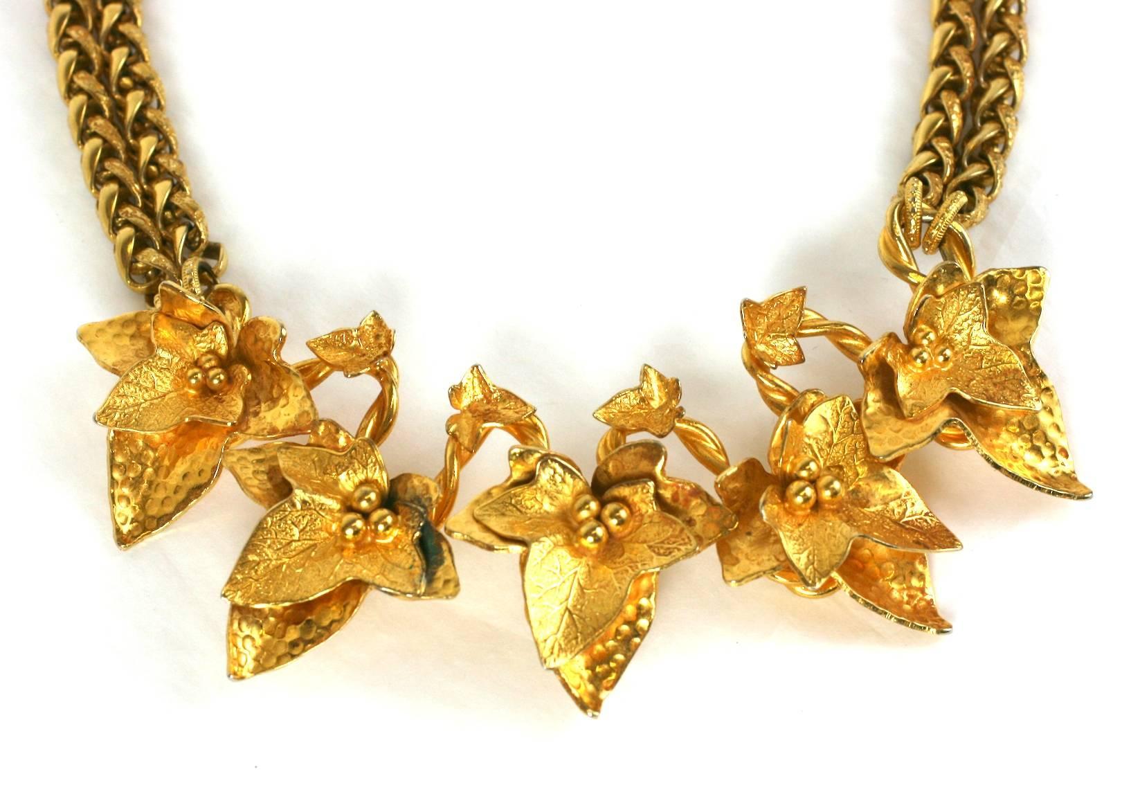Dominique Aurientis Gilt Ivy Collar with double wheat chain. French designer Dominique Aurientis' powerful, imposing style was a staple during the 1980-90's. There were DA boutiques in Paris and New York, as well as her placement within the finest