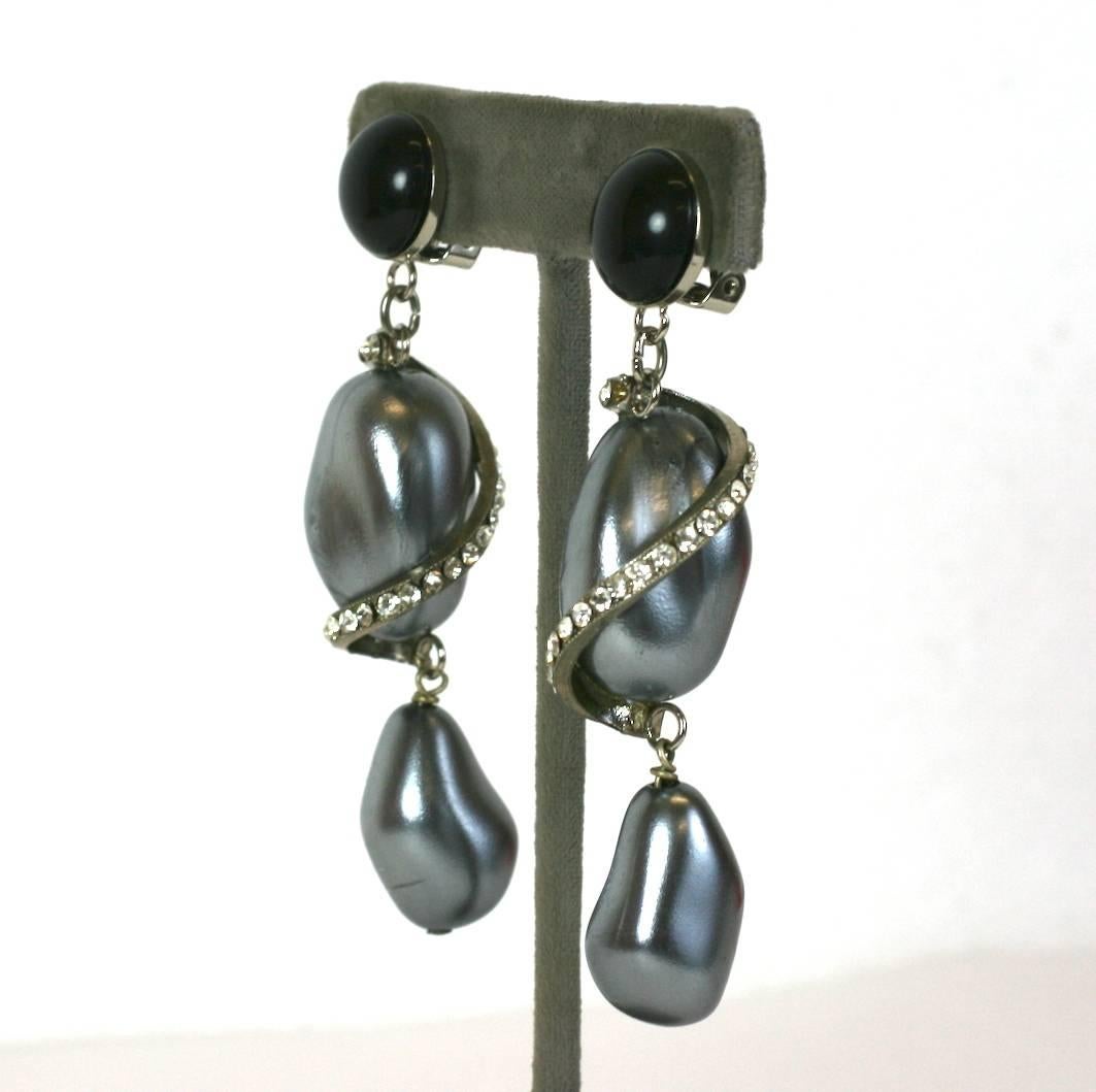 Ugo Correani Spiral Pearl Ear clips from 1980's Italy. Faux baroque grey pearls with pave spiral accents and a black cabochon at ear. 3