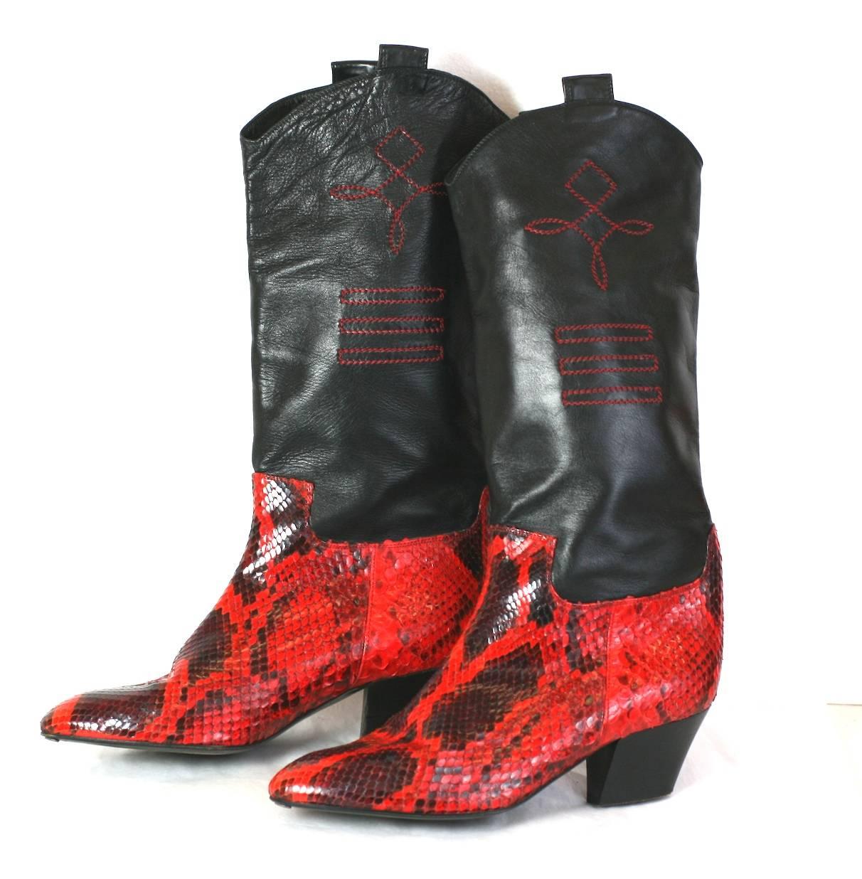 Maud Frizon bright red and black python with black calf  uppers top stitched in red. A French designers take on a American Classic, the Cowboy Boot.
1980's France. Label 