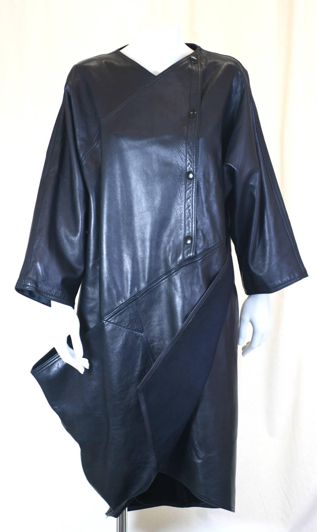 Anne Marie Beretta Sculptural Leather Dress crafted in the softest, deep navy eggplant leather. 
Parisian designer, Beretta treated her designs as 