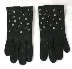 Grommet Trimmed Black Leather Gloves