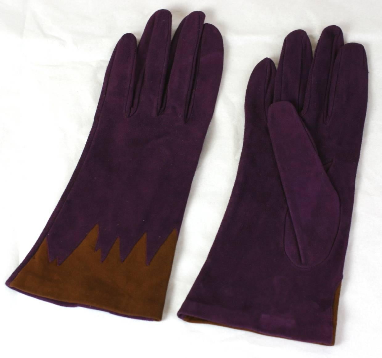 Black Violet Suede Gloves with Brown Cuffs