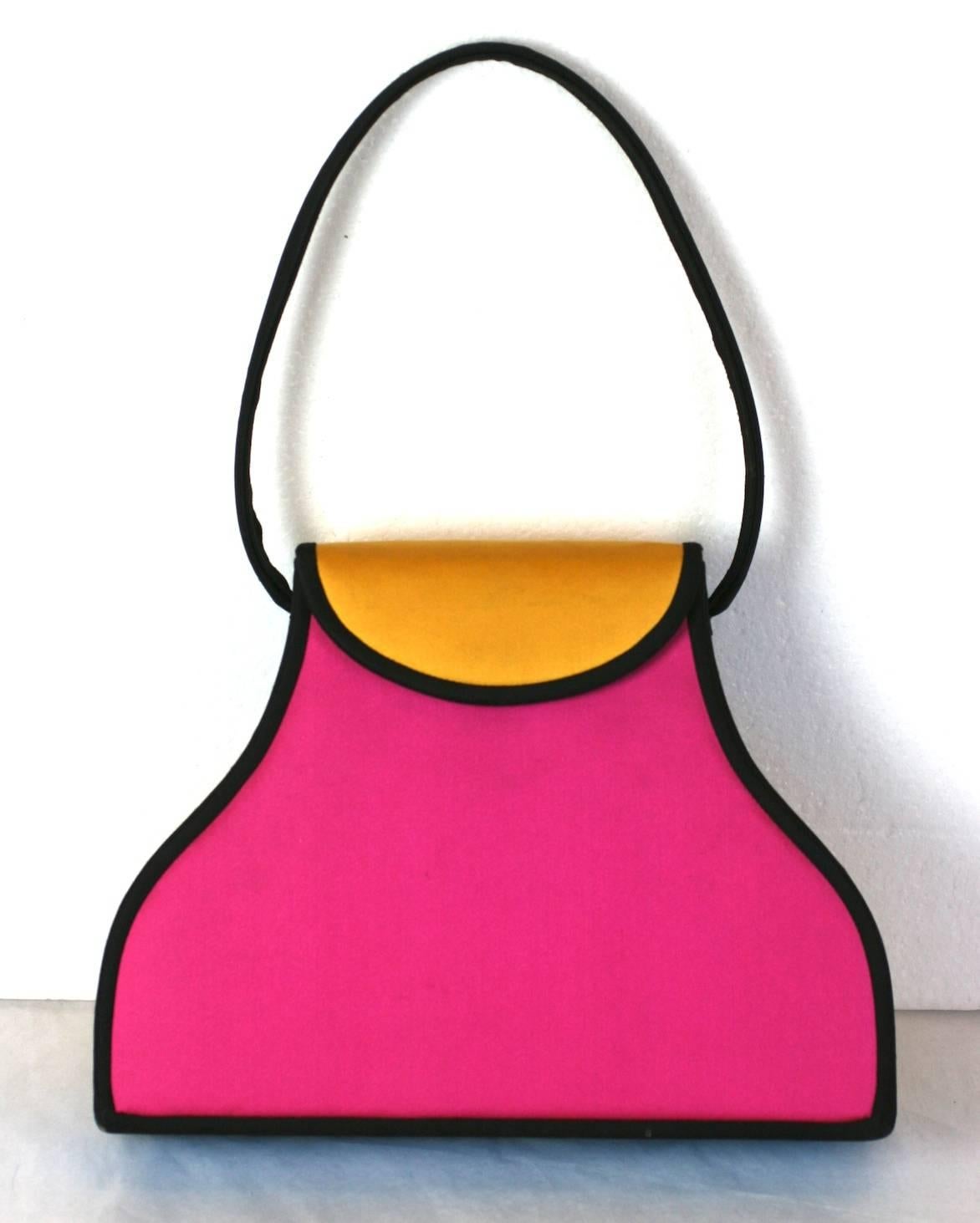 Charming Renaud Pelligrino Color Blocked Bag in vibrant tones of satin with magnetic snap closure.  Excellent Condition. 1980's Italy. 
Length 10