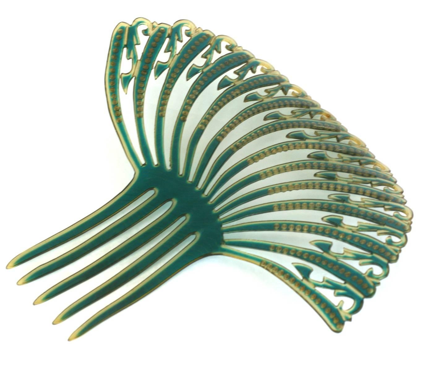 Art Deco French Comb with Green and Blue Pastes For Sale 1