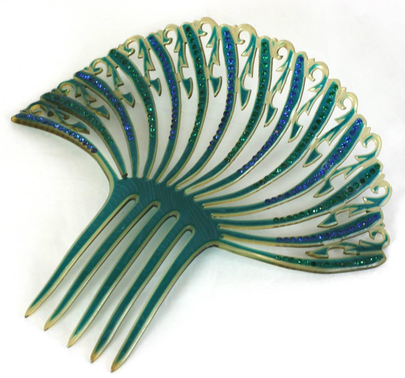 Art Deco French Comb with Green and Blue Pastes In Excellent Condition For Sale In New York, NY