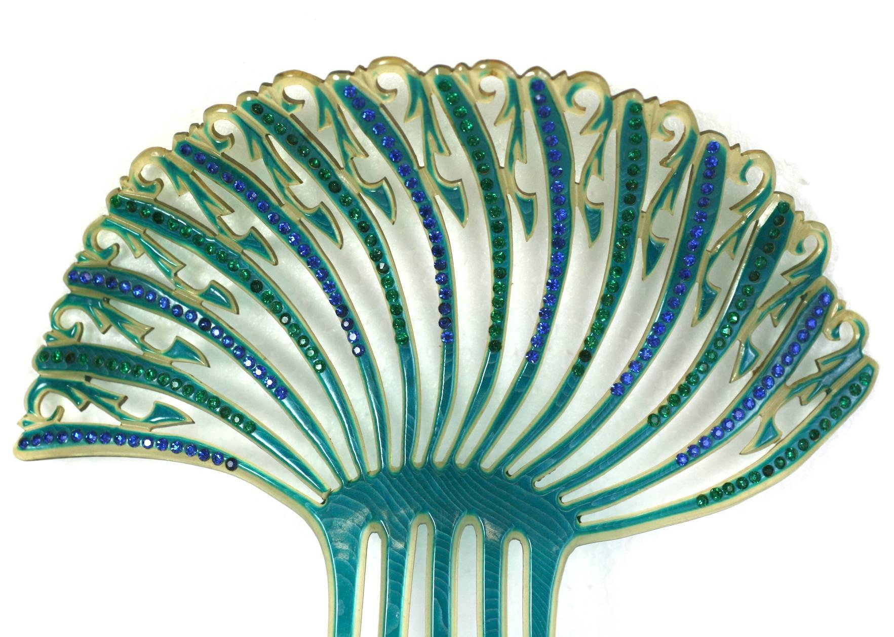 Women's Art Deco French Comb with Green and Blue Pastes For Sale