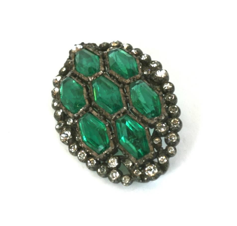 Faux Emerald Art Deco Paste Brooch with unusually shaped stones set in a crystal paste surround. Sterling mounted circa 1930's. Lovely craftsmanship. 1930's Germany.  
 2