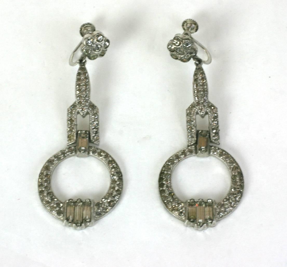 Attractive Art Deco and crystal pave, baguette paste articulated earrings. Screw back fittings. 2.25