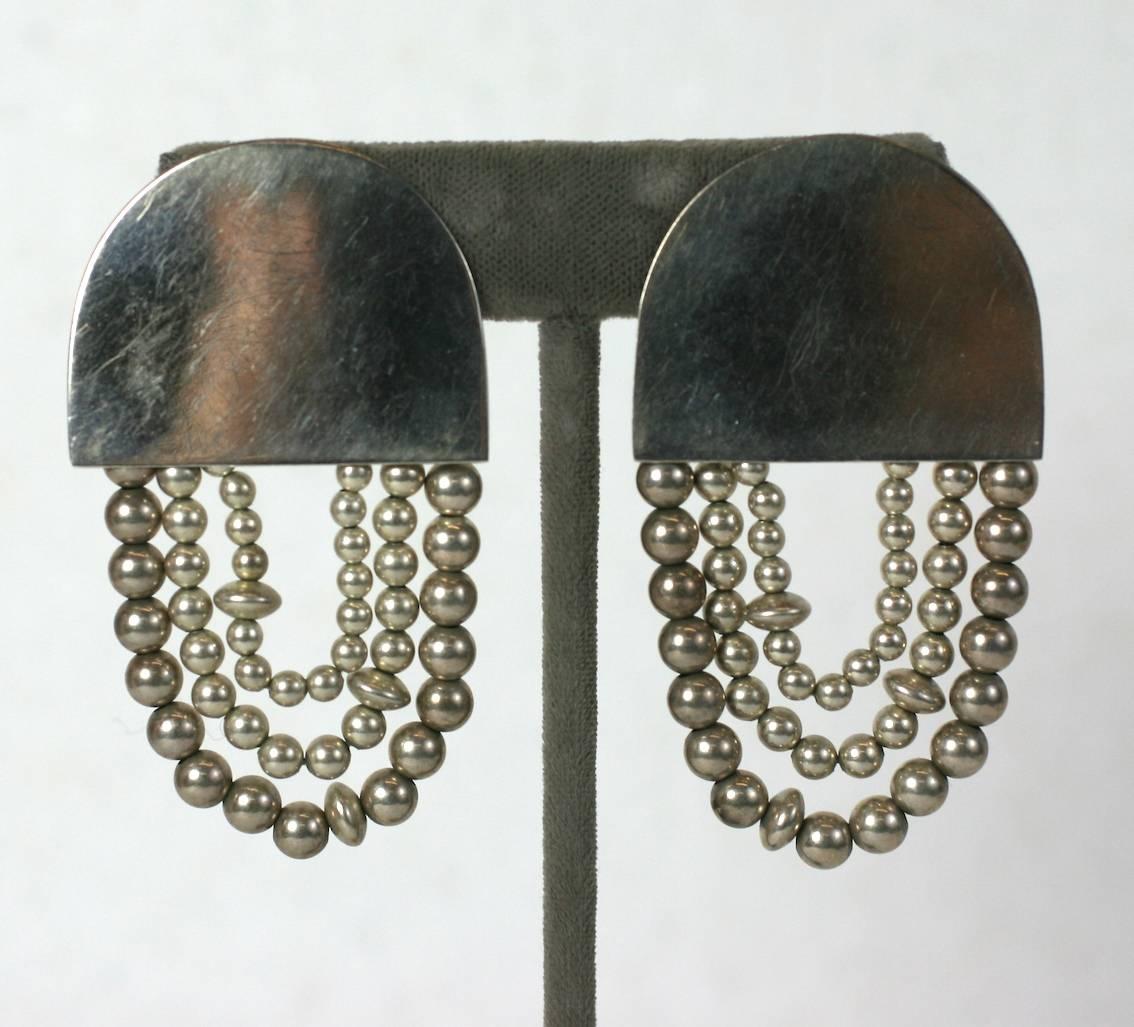 Artisan sterling silver ear clips of vari size swags of ball chain suspended from half circle forms. Clip back fittings. 1980's USA. Signed: Susan Cummings. 2 3/8