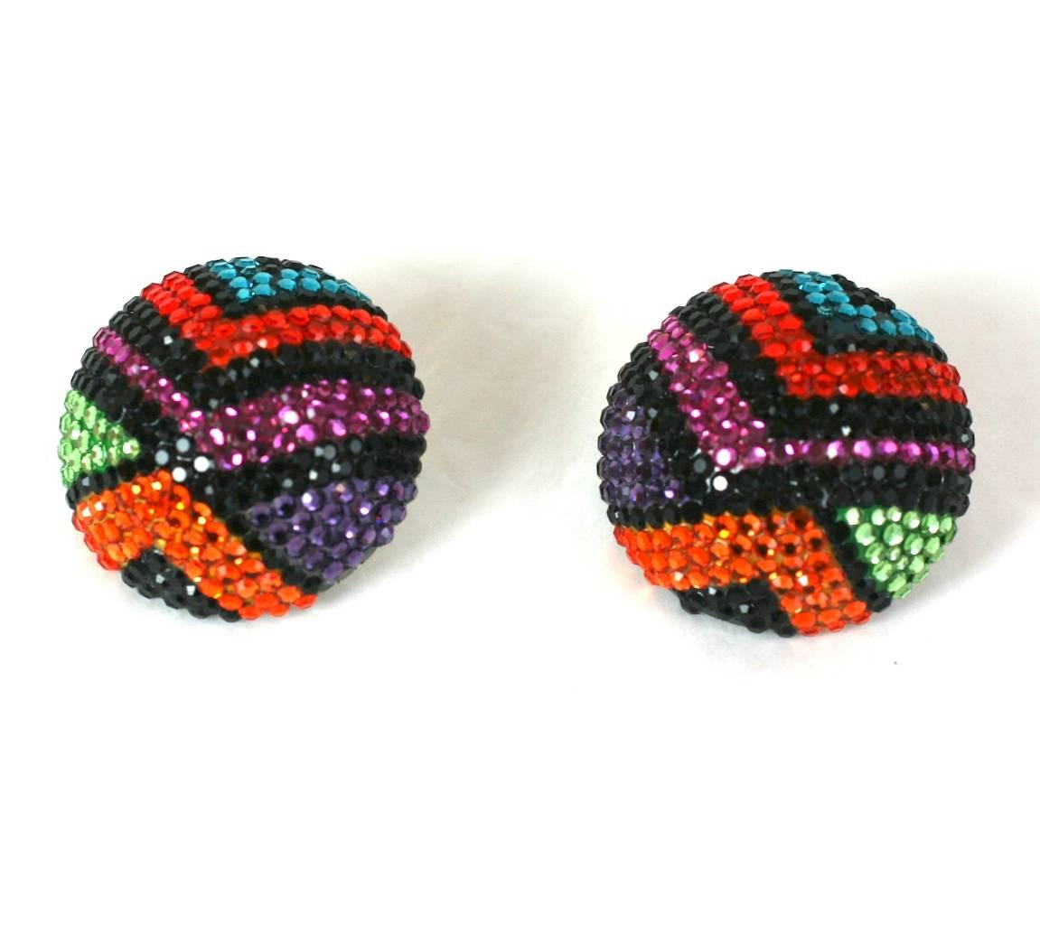 Large and striking multicolor pave rhinestone dome earrings, completely hand pave set in a vibrant Deco design. Clip back fittings. 1.5