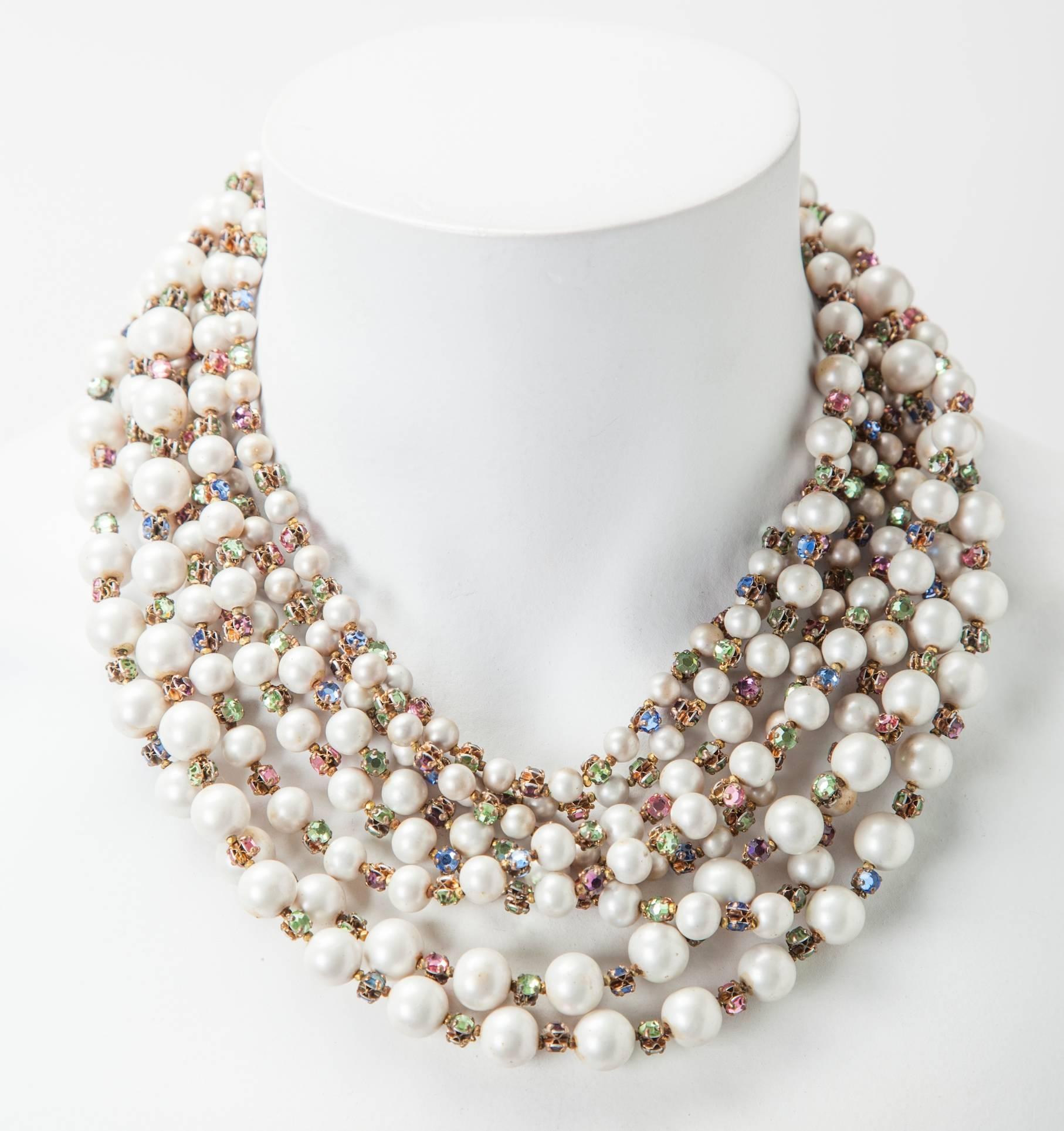 Miriam Haskell Multi Strand Freshwater and Pastel Rose Monte Necklace In Excellent Condition In New York, NY