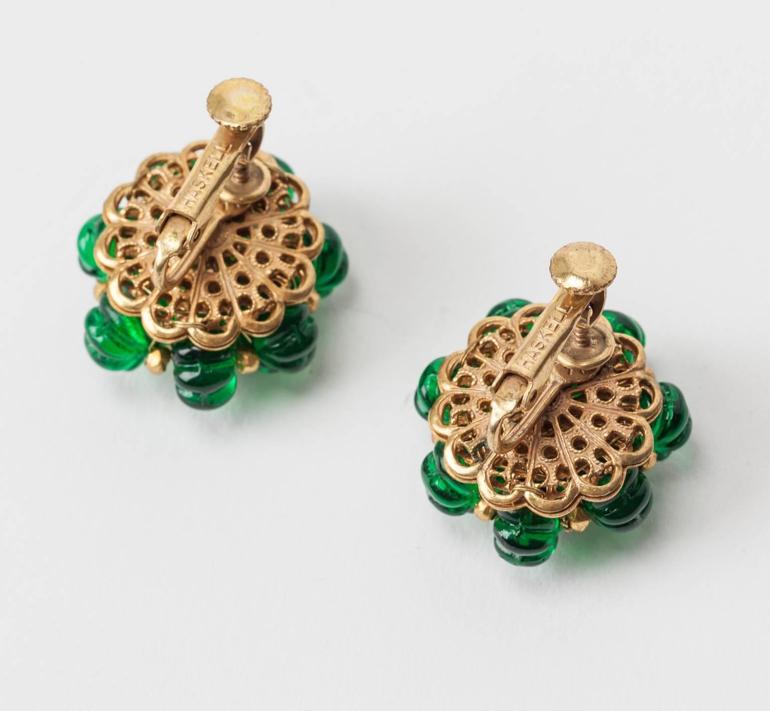 Miriam Haskell faux emerald fluted bead earclips, accented with crystal pave stones set in signature Russian Gilt metal filigree. 1