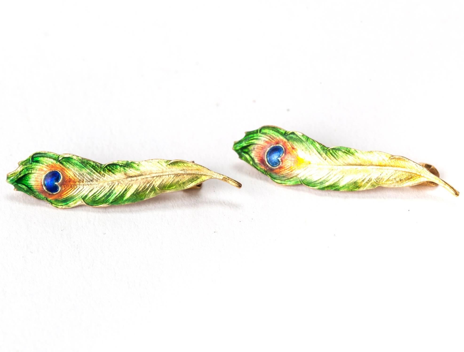 Art Nouveau Enamel Feather Brooches In Excellent Condition In New York, NY