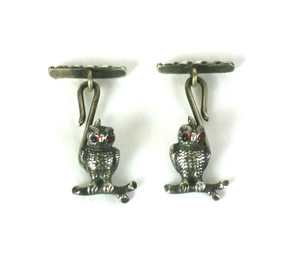 Charming Victorian Wise Owl cufflinks of sterling silver and garnet cabochons eyes. 