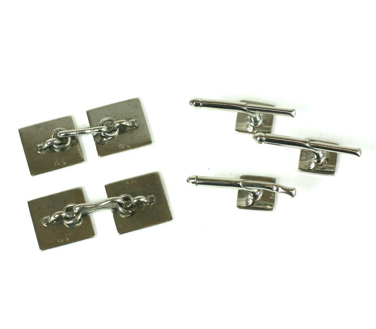 White gold Striped Stud Set in 14k gold from the 1930's. Cufflinks with 3 shirt studs. 
Excellent condition. Cufflinks .5