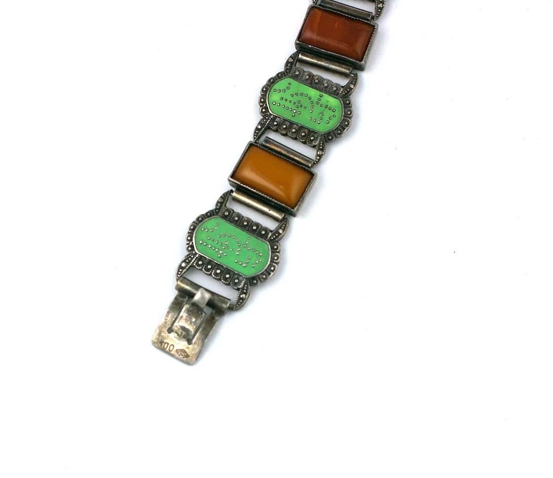 Cabochon Art Deco Amber and Enamel Link Bracelet For Sale