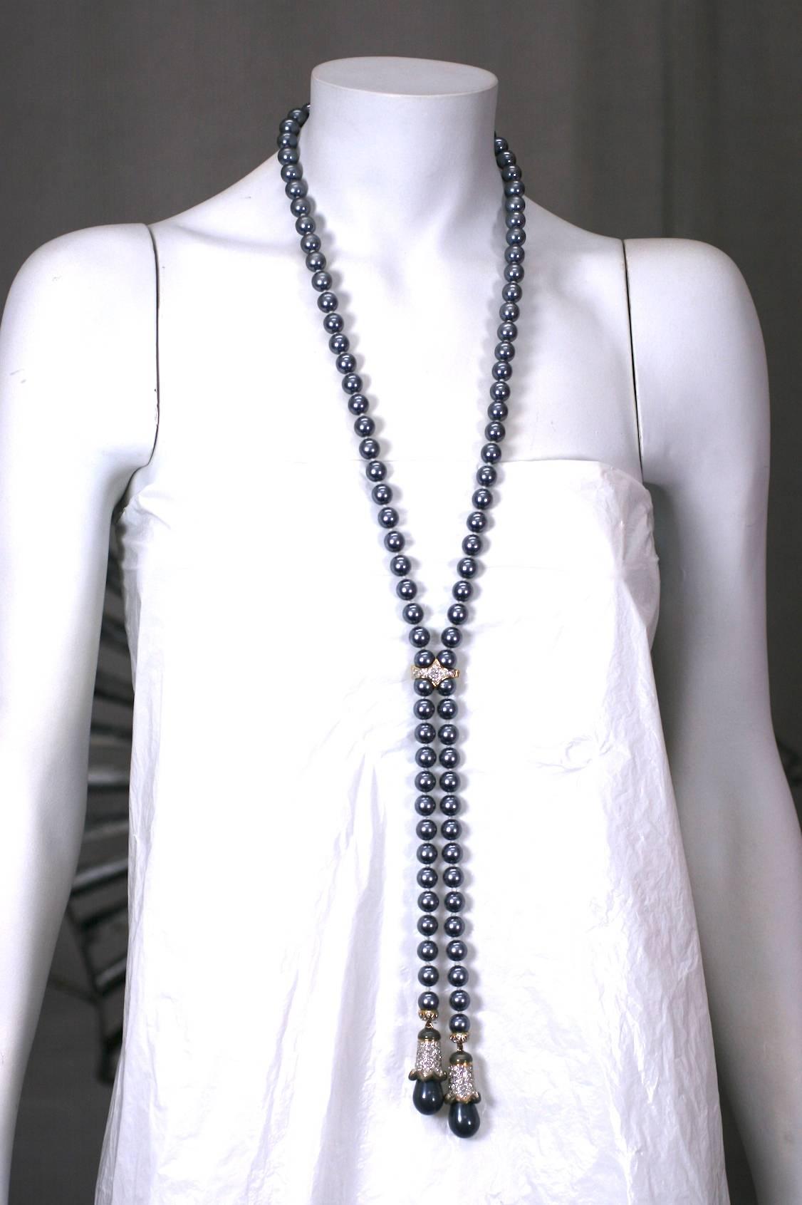 Grey Faux Pearl and Pave Lariat, Italy In Excellent Condition In New York, NY