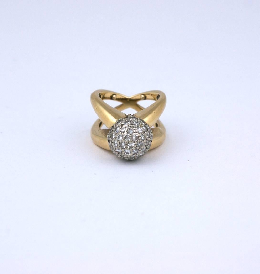 Pave Diamond Ball Ring with unusual double tapered gold 