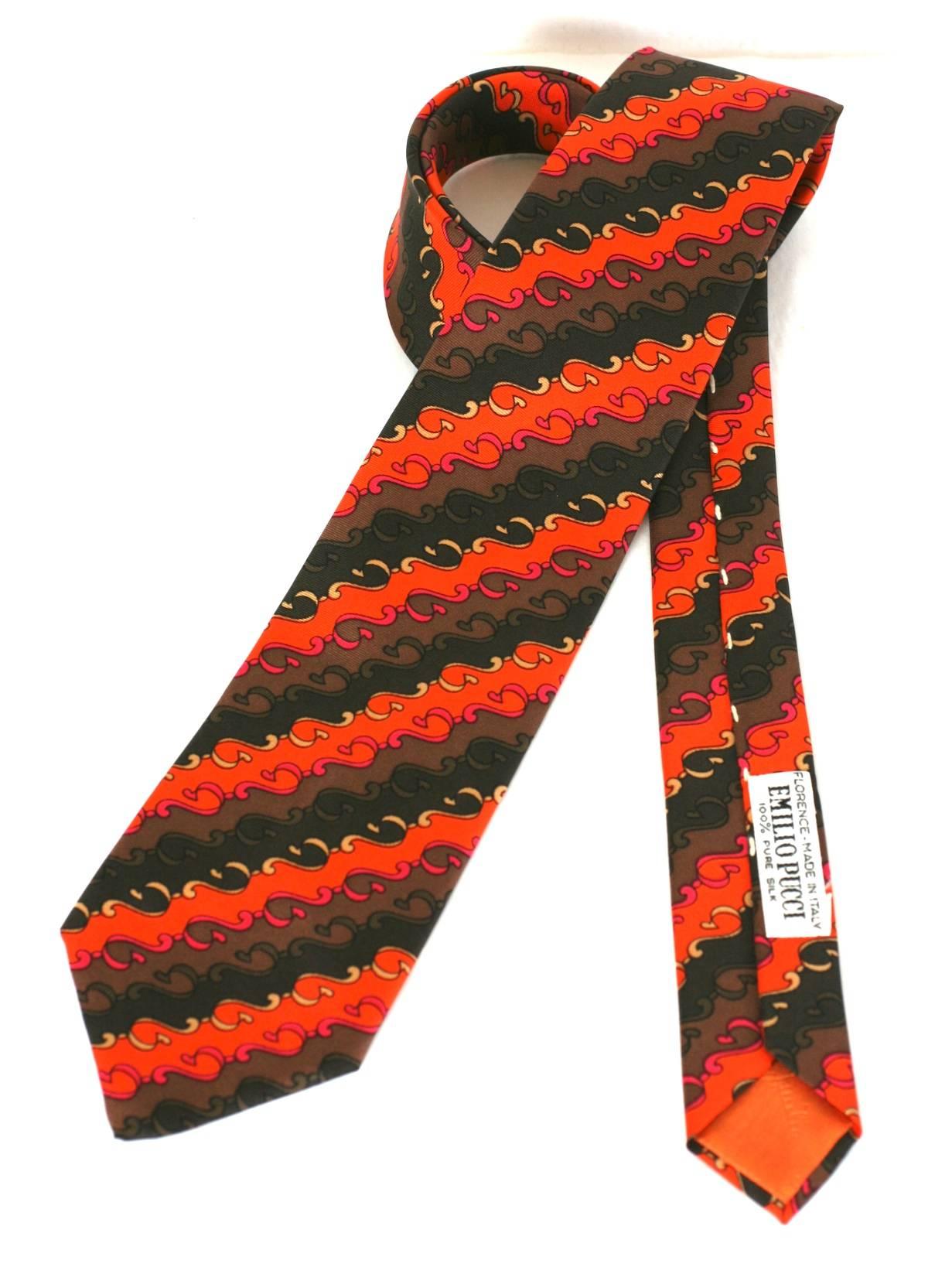 Emilio Pucci orange, brown and fuschia swirl print tie in silk twill. 1980's Italy. Excellent condition.
52
