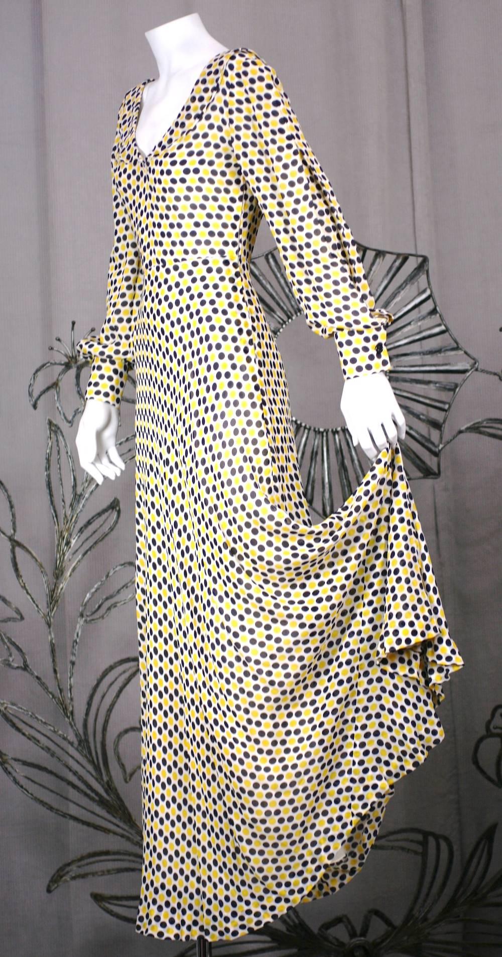 Beige Galanos Yellow and Black Polka Dot Crepe Gown For Sale