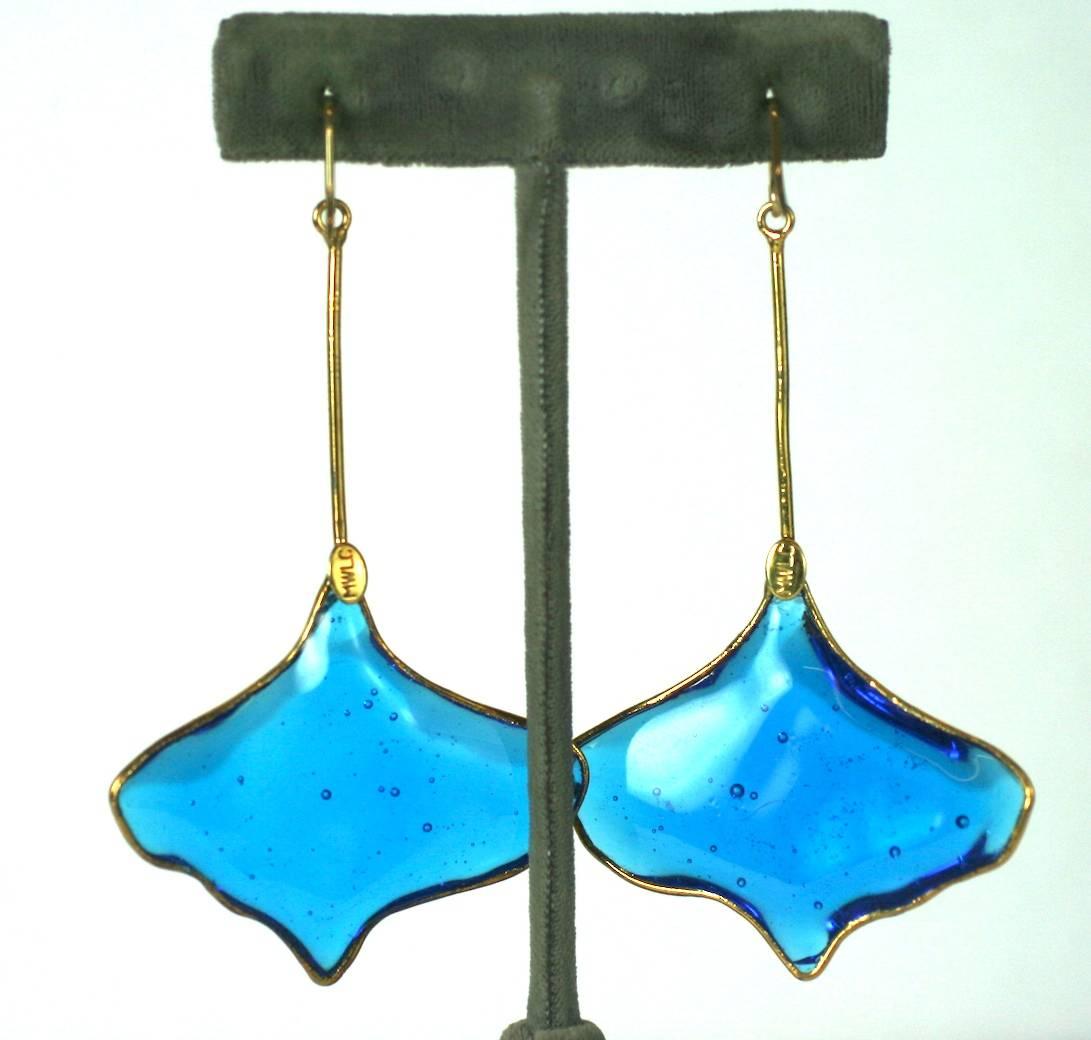 Mark Walsh Leslie Chin deep aquamarine blue poured glass long Gingko earrings. Hand made in the Parisian studios of MWLC. Contemporary. 
Excellent Condition
Length 3.5