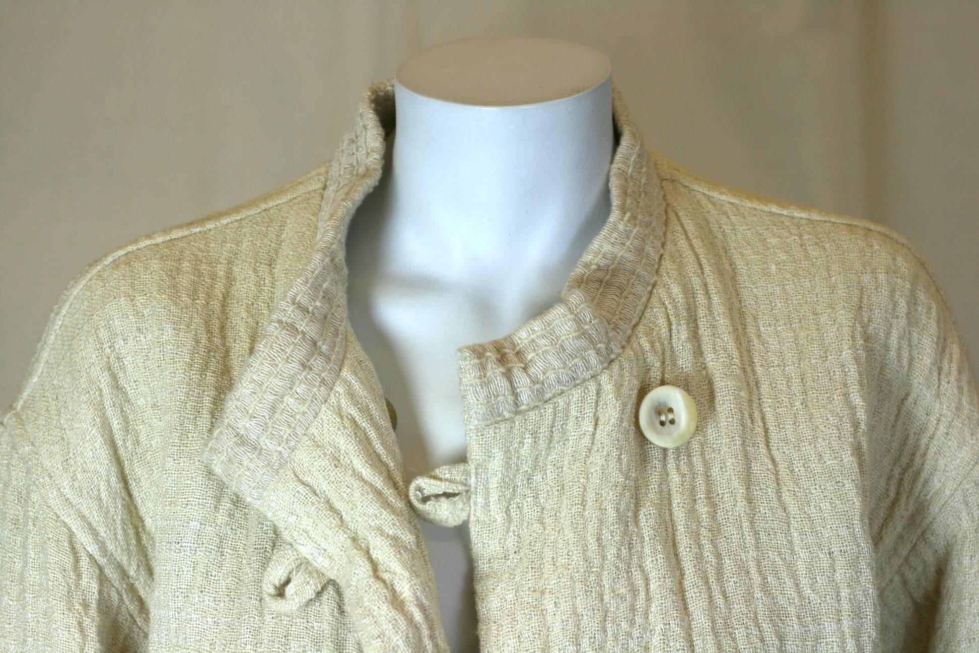 Beige Issey Miyake Jute and Wool Crinkle Jacket For Sale